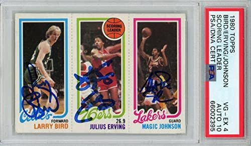 לארי בירד, מג'יק ג'ונסון, יוליוס ארווינג חתום 1980 טופפס PSA 4 אוטומטי 10 לוח - קלפי וינטג 'של כדורסל כדורסל