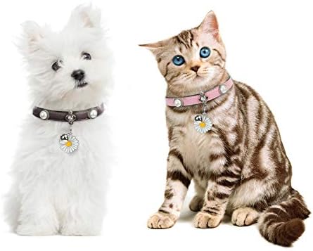 חתול צווארון עם פעמון-אופנה לחיות מחמד צווארון עם ריינסטון ודייזי פרח, רך עור מפוצל צוואר צווארון לכלבים קטנים,