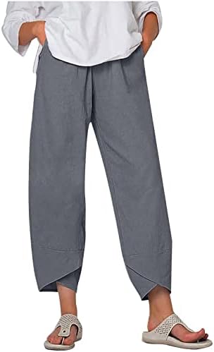 מכנסי פשתן קצוצים של CHGBMOK מכנסי טרקלין נוחים מזדמנים אלסטיים אלסטיים מותניים רחבים חוף חוף
