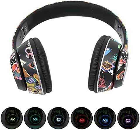 אוזניות Bluetooth של Pusokei מעל אוזניות, אוזניות אלחוטיות גרפיטי עם אור מיקרופון ואור RGB, תומך בכרטיס