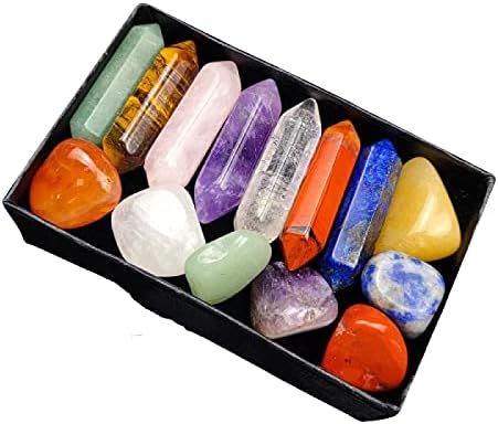 ערכת איסוף גבישים של Chakra Chakra עם 14 איחוד אבנים מפוצלות וקופסת מתנה של שרביט נקודת קריסטל - 7 צ'אקרה