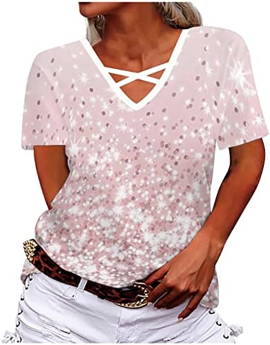 חולצות קיץ לנשים נ 'צוואר צוואר שרוול קצר צמרות עניבה גרפית צבע הדפסת טייז אופנה מזדמנת חולצות