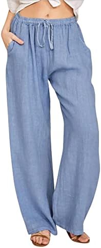 מכנסי כותנה של מכנסי כותנה רחבים לנשים מכנסי פלאצו מזדמנים קיץ מכנסי יוגה אלסטיים גבוהים מכנסי טרנינג