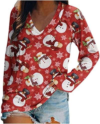חג המולד טוניקות לנשים מקרית מודפס גרפי צוואר טי חולצות בציר קרוע ארוך שרוול חולצות רופף מתאים חולצה
