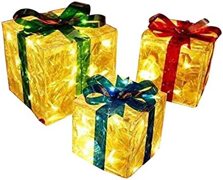קישוט אורות קופסאות - 3 יחידות קופסאות מתנה מוארות לחג המולד ירידות קופסאות חג המולד עם מיתר אור 60 מתנות