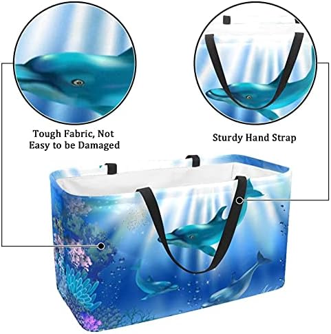 תיקי קונים 50L מתחת למים דולפינים דולפינים מתקפלים קופסת קניות תיק מכולת עם ידיות, לשימוש חוזר
