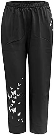 מקרית קיץ כותנה פשתן מכנסיים לנשים בבאגי ישר רגל מכנסיים גבוהה מותן ארוך מכנסיים עם כיסי נוחות מכנסיים