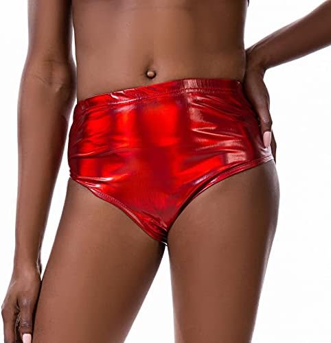 מכנסיים קצרים של דמוי דמוי אדום של נשים מכנסי עור מותניים סקסיים מכנסי עור שחור מבריק ריקוד גבוה מכנסיים קצרים