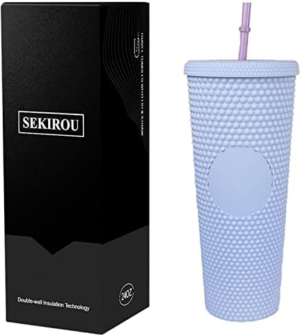 Sekirou Matte משובץ כוס קיר כפול עם מכסה קש, 16oz מים הניתנים להתאמה אישית DIY כוס קפה קר