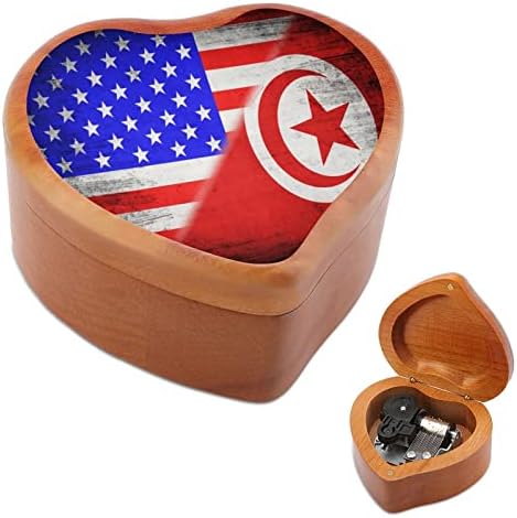 דגלים של ארהב ותוניסיה קופסת מוזיקה מעץ Windup Windup בצורת קופסאות מוזיקליות מודפסות ליום הולדת