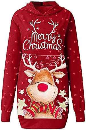שמלת קפוצ'ונים של חג המולד של Narhbrg לנשים מודפסים שרוול ארוך טוניקה טוניקה סווטשירט סוודר סוודר סוודר גדול