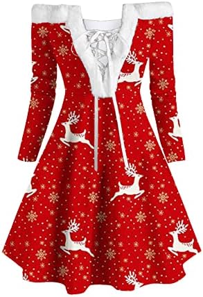 נשים שמלת אופנה, סנטה קלאוס הדפסת ארוך שרוול תחרה עד צוואר שמלות קטיפה כבוי כתף מסיבת מיני שמלה