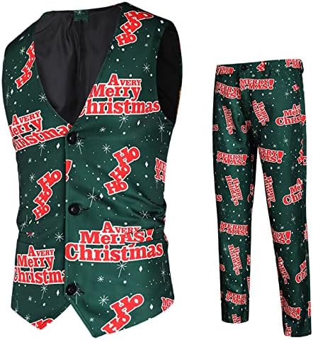 XXBR 2PCS חליפות חג מולד לגברים, חג המולד סנטה קלאוס איש שלג הדפס מכנסי חזה חזה חזה מכנסיים מכנסיים