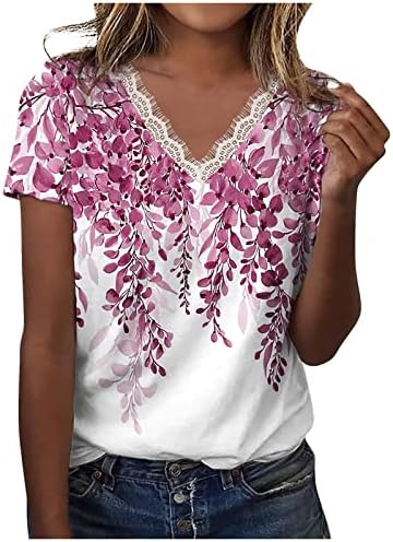 קיץ קצר שרוול טוניקת חולצות לנשים אופנה מתגנדר מקרית פרחוני הדפסת חולצות תחרה סטרים עם צוואר חולצות