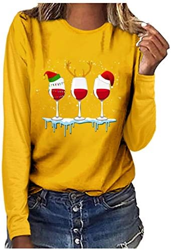 צמרות חג המולד נשים סוודר הדפסת כובע חג המולד עם דפוס זכוכית יין שרוול ארוך חולצות גרפיות סווטשירט סווטשירט