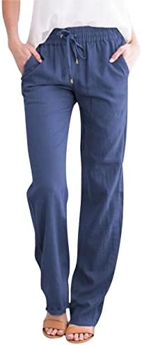 Dsodan אלסטי מותניים גבוהים מכנסי טרקלין עם כיסים מכנסיים נוחים מזדמנים של נשים מכנסיים משיכת רגל ישר מוצקים