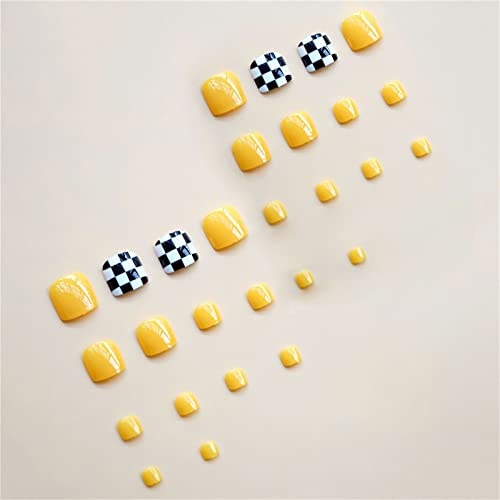 24 יחידות שחמט צהוב הבוהן מזויף נייל מלא כיסוי כיכר קצר לחץ על ציפורניים עם דבק עבור נשים ובנות נייל אמנות מניקור