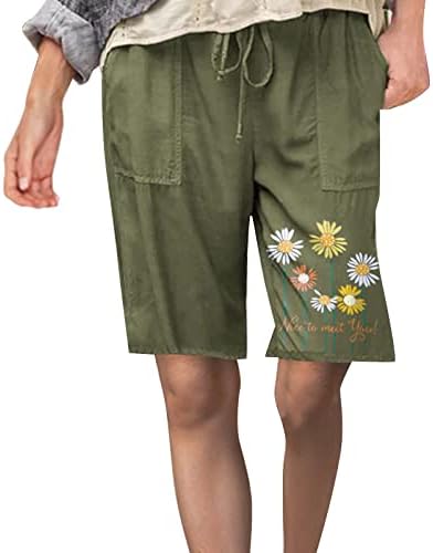 Grge beuu קיץ מכנסי כותנה לנשים קצרים מזדמנים מותניים מזדמנים אורך הברך הדפס פרחוני ברמודה מכנסיים