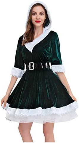 גברת סנטה קלאוס תלבושות עבור נשים של קטיפה סלעית שמלות עם חגורת חג המולד בגדי מסיבת חג חצי שרוול שמלה