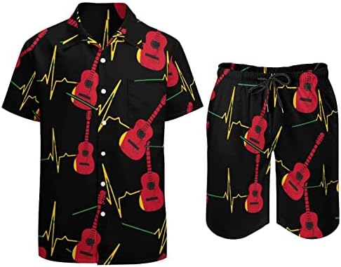 גיטרה פעימות לב גברים 2 חלקים תלבושות חוף כפתור הוואי למטה חולצה עם שרוול קצר וחליפות מכנסיים קצרים