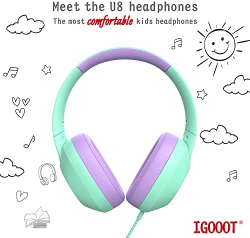 אוזניות IGOOOOT לילדים מחווטות, נוחות ביותר על פני אוזניות לילדי אוזניים עם מיקרופון, מתכוונן,