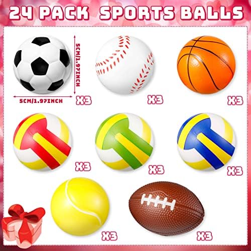 24 חבילה מתנות ליום האהבה לילדים כרטיסי ולנטיין עם כדורי ספורט בנים מיני כדורי לחץ סוחטים קצף,