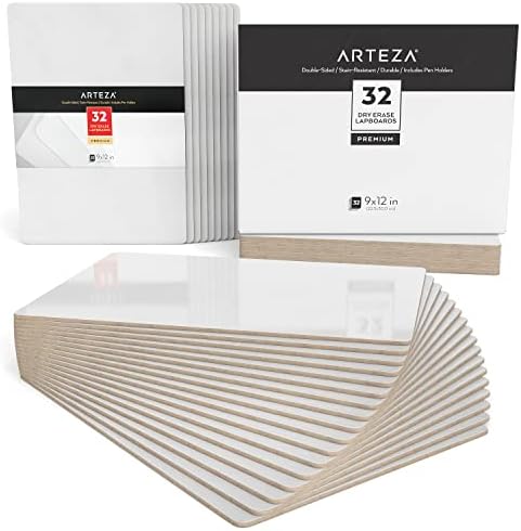 לוח לבן מחיקה יבשה של ארטזה 9 על 12 אינץ', סט בתפזורת של 32 לוחות, לוחות מחיקה יבשים דו צדדיים, ציוד