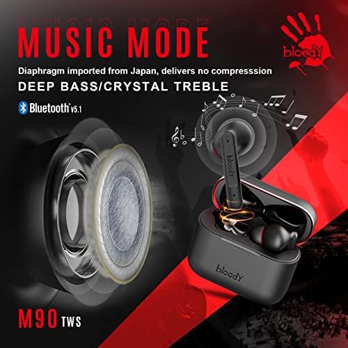 Bloody M90 TWS ביטול רעש פעיל בביטול אוזניות משחקי בלוטות ', דיאפרגמת פחמן היברידית, מוזיקת ​​בס ומצב משחקי