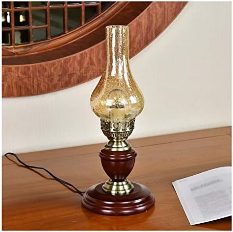 אטאי קריאה מנורת שולחן מנורה רטרו נוסטלגיה מנורות שולחן קטנות, בסיס עץ, מלון זכוכית סדוקה מסורתית