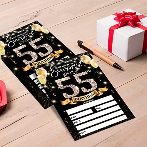כרטיס הזמנה למסיבת יום הולדת 55 - זהב שחור מזמין עם הדפסת שלטי יום הולדת על הזמנת מילוי דו צדדי אחורי