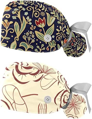 כובע עבודה של פרחים עם כפתור ורצועת זיעה, כובעי קרצוף פס נמתחים מתכווננים, 2 חבילות כובע אחות בופנט