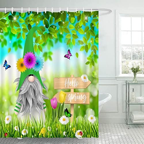 Juirnost שלום גמדי אביב וילון מקלחת עלים ירוקים עלים פרפר פרפר וילון מקלחת דשא פרח לאמבטיה אמבטיות עם 12