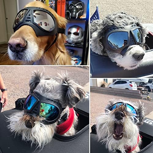 משקפי כלבים של NMLC, משקפי שמש של כלב הגנת UV, משקפי רוח ושלג עם רצועות, כלבים קטנים, בינוניים וגדולים, שחור