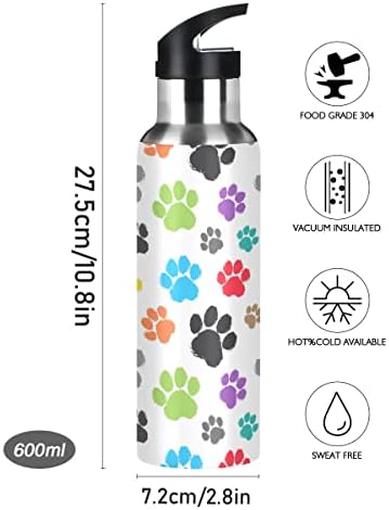 טפרי חתול כלבים צבעוניים בקבוק מים עם מכסה קש לילדים לילדים בנות, 600 מל, כוסות בקבוק ספורט נירוסטה