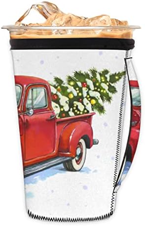 עץ חג המולד של המשאית האדומה （03） שרוול קפה קר לשימוש חוזר עם שרוול כוס ניאופרן לסודה, לאטה, תה, משקאות, בירה