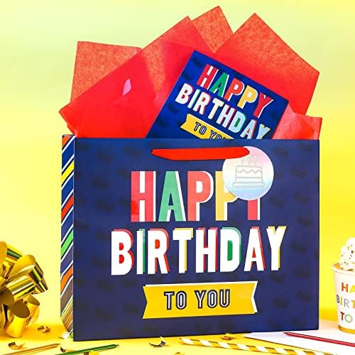 עטיפה 13& 34; שקית מתנה גדולה עם כרטיס נייר טישו-יום הולדת שמח צבעוני עם רדיד כסף הולוגרפית