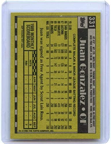 1990 Topps 331 חואן גונזלס מנטה בייסבול MLB RC Rokie Rangers