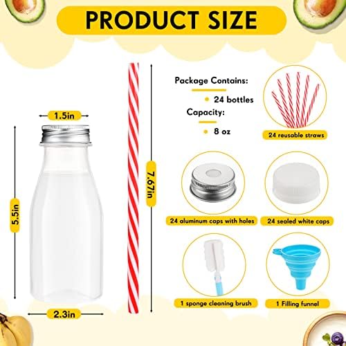 אירנארה 24 סטים 8 עוז בקבוקי חלב מפלסטיק עם קשיות מכסי מתכת כסופים וכובעי פלסטיק לבנים, בקבוק פלסטיק רב