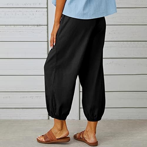 מכנסי פשתן כותנה לנשים, משיכת מותניים גבוהים ברגל רחבה רופפת בכושר קפריס נוחה אופנה מכנסיים