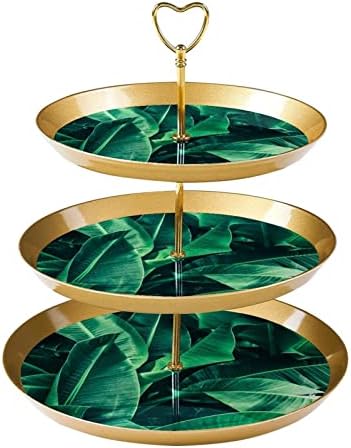 צמח קיץ טרופי עלים ירוקים מחזיק עוגות למאפה, 3 עוגת זהב מפלסטיק שכבתית עמדת שולחן קינוח, מגדל עץ עוגות מגדל