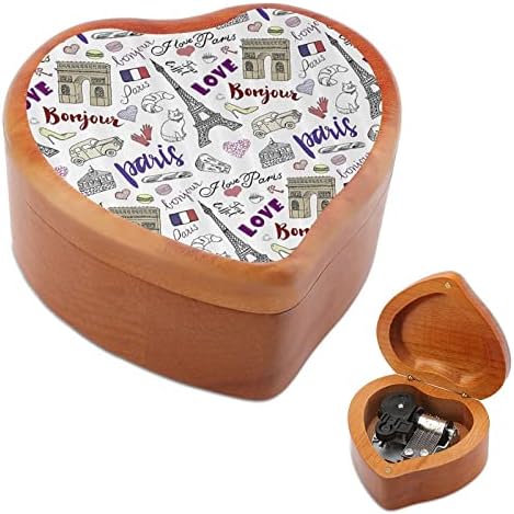 אני אוהב קופסא מוזיקת ​​עץ פריז מעץ מעץ צורת לב בצורת קופסאות מוזיקליות מודפסות ליום הולדת של האהבה