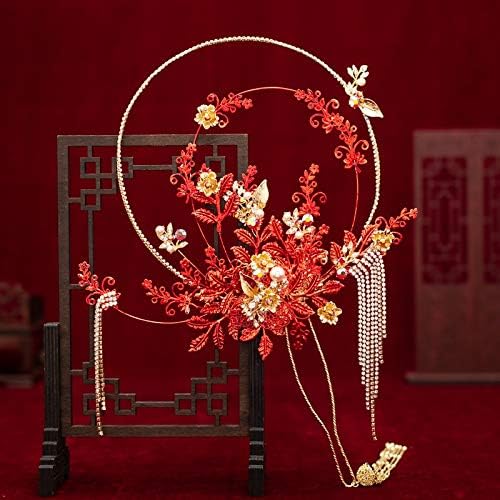 KXDFDC מאווררי יד כלות אדום עלים פרחים פרחים חרוזים חרוזים נוצצים כלות חתונה סיניות כלות מחזיקות