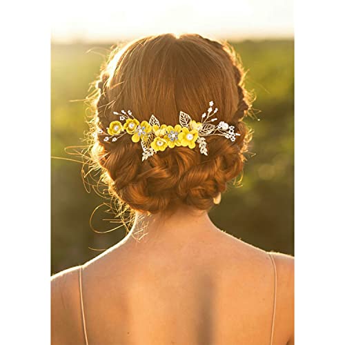4 יחידות פרח שיער מסרק אביב קיץ פרח ילדה שיער פין צהוב זהב מתכת עלים פרחוני הכלה השושבינות יום