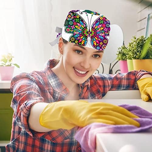 כובע העבודה המתכוונן של נשים 2 יחידות עם כפתורים ופס זיעה בגודל אחד דפוס פרחים צבעוני