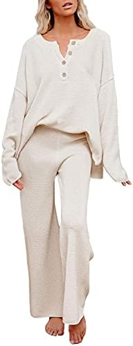 נשים צווארון 2 חתיכה אימונית לסרוג טרנינג ארוך שרוול סוודר רחב רגל מכנסיים טרקלין