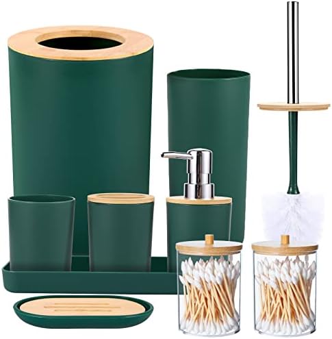 SLDIYWOW 9 חלקים אביזרי אמבטיה ירוקים כהים מוגדרים עם פח אשפה, מגש, מתקן סבון, מחזיק מברשת שיניים, כוס מברשת