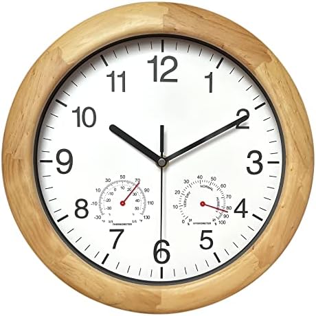 שעון קיר מעץ של רינו עם טמפרטורה ולחות, חום בגודל 12 אינץ ', מספרים גדולים לעיצוב חדרים