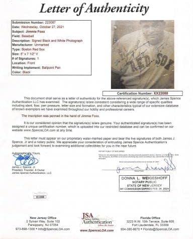 RED SOX ג'ימי פוקס חתום B&W 5X7.5 תמונות חתימה JSA XX22088 - תמונות MLB עם חתימות חתימה