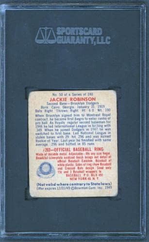 Dodgers Jackie Robinson 1949 Bowman 50 כרטיס טירון מדורגת 1 SGC - כרטיסי טירון של בייסבול סלע