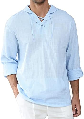 חולצת פשתן כותנה לגברים שרוול ארוך עם צווארון V קפוצ'ונים משיכה מימי הביניים עם כיסים